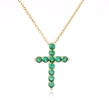 Elegant gold cross necklace featuring eleven round green cubic zirconia in a claw setting - Gold Green Zircon VD836
