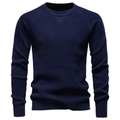 Close-up of premium navy blue knit texture and crew neckline with size S label - S / Navy Blue