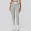Grijze yoga legging met hoge taille en witte contrastband voor fitness en hardlopen - S / Kleigrijs