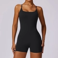Women's black quick-dry bodysuit with thin straps and U-neck for yoga and fitness - S / Premium Black