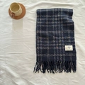 Dark blue checkered scarf with multicolored stripes and tassel edges on soft fabric - 62*200cm / Navy Blue
