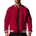 Detail of red varsity jacket featuring white striped ribbed collar and metal snap buttons - S / Burgundy