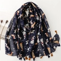 Navy blue cotton linen scarf with cartoon dog prints and tassel fringe flat lay view - Dark Blue Dog Illustration (SL2408-030)