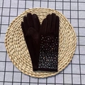 Deep brown thermal wool gloves with rhinestone decor and touchscreen fingers - One Size / Brown