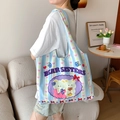 Blue striped canvas tote bag with bear illustration and purple logo detail - Blue Stripe Bear Sisters