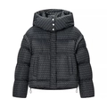 Women's 2025 winter hooded puffer jacket with black and grey geometric patterns - S / Black