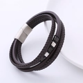 Men's multi-layer dark brown braided leather bracelet with stainless steel magnetic clasp - Brown