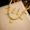 Goldschmuck-Set aus Edelstahl mit Kleeblatt-Anhängern, Lebensbaum und Türkis-Elementen - Gold Türkis Kleeblatt Set (N2710 E5981)