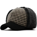 Berretto da baseball invernale a scacchi con paraorecchie e spessa fodera in pile - Taglia L (58-61CM) / Stile Pied de Poule Giallo e Nero (04)