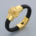 Men's black woven leather bracelet with golden lion head charm in 316L stainless steel - Lion Head Style A (KB80478-BD)