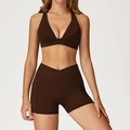 Women's dark brown yoga set with V-neck sports bra and cross-waist shorts with pockets - S / 2044 Bra + 2030 Shorts - Coffee Brown