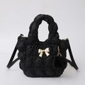 Black quilted cloud bag with gold bow and fur pompom, versatile small crossbody tote - Black