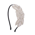 Elegant white beaded leaf headband with crystals on a thin black band for women - Style 5