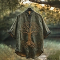 Detailed view of Tree of Life embroidery on army green linen short sleeve shirt - S / Army Green (Stand Collar Tree)