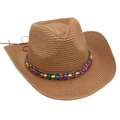 Close-up of brown woven straw cowboy hat with vibrant colorful beaded trim and curved brim - Khaki
