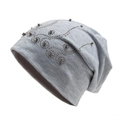Light gray knit beanie for women with elegant metallic bead embellishments in a wavy pattern - Adjustable (54-60cm) / Light Gray
