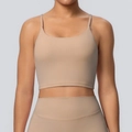 Close-up of thin straps yoga top and high-waist leggings in matte dusty pink fabric - S / Tops / Basil Green