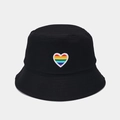 Black cotton bucket hat featuring a rainbow heart embroidery with a foldable design - M (56-58cm) / Black