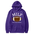 Deep purple American football hoodie with kangaroo pocket and MILF printed graphic - S / Tops / Deep purple
