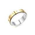 Detail view of two-tone stainless steel spinner ring with engraved religious mantra symbols - US 5 / Two-tone Mantra Polished Rotating Ring