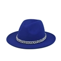 Detail of royal blue wool fedora with marble texture chain decoration on flat brim - Adult Size / Royal Blue