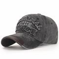 Dark grey washed cotton baseball cap with BLACK embroidery and brown leather brim accent - Black