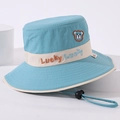 Blue kids sun hat with bear embroidery and adjustable chin strap on white background - 54cm One Size / Blue