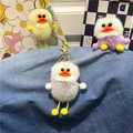Detailed view of colorful plush duck keychains with soft faux fur and gold metal clips - Gray