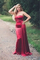 Elegant wine red satin evening gown with one-shoulder fishtail design and side slit - US size 2 (S) / Burgundy