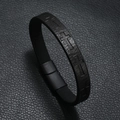 Men's multilayer black leather bracelet with embossed cross pattern and magnetic clasp - Black