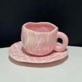 Pink ceramic tulip coffee cup and saucer set with irregular handmade grid pattern - Pink Rhombus Cup & Saucer