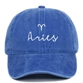 Close-up of Aries embroidery and constellation symbol on vintage blue washed cotton cap - Sapphire Blue