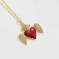 Romantic gold necklace with a red heart pendant and sparkling winged crown charms - Feather Crown Heart
