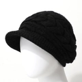 Close-up of black knitted beanie showing thick cable knit texture and sun visor detail - One Size / Large Cable Knit (ZZ0059) / Black