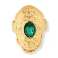Bohemian gold ring with oval emerald gemstone and embossed infinity pattern detail - Green Main Stone / Dark Green