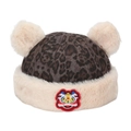 Winter kids leopard print beanie with white faux fur pom poms and lion dance embroidery - Lion Dance Embroidery (Grey C)