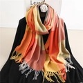 Detail of multi-color checkered scarf with fringes in orange, yellow, and grey - 200x65cm / Orange/Yellow/Gray/Beige Plaid