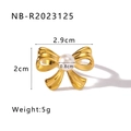 Golden bow ring with centered pearl inlay and detailed size measurements in cm - Adjustable Open / Pearl Bow Style (NB-R2023125)