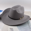 Dark grey felt western cowboy hat featuring a black leather band and golden buckle - Long Buckle / Gray