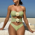 Sage green cutout one-piece swimsuit featuring elegant 3D white floral embellishments - Light Green