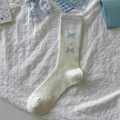 Ballet style white mid-calf socks with light blue ribbon bows and cute flower detail - One Size / Button Cream