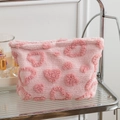 Pink plush heart pattern makeup bag in soft sherpa fabric for winter storage - Heart Pink
