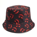 Close-up of the detailed stitching on the brim and red monster print on a black bucket hat - M (56-58cm) / Black Red Monster Smiley Style (Style F)