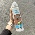 White Capybara cartoon water bottle with carrying strap and pop-up lid for students - White-Coconut
