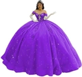 Off-the-shoulder dark purple quinceanera ball gown with embroidery and sequins - Dark Violet with Train