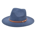 Detailed close-up of dark blue woven straw hat with brown leather belt and golden buckle - Navy Blue
