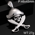 Silver pirate skull and cross swords pendant in punk rock style, size 46x45mm and weight 27g - No Chain - Gothic Polished Double Swords Skull (KP80015-BD)