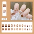 Mocha coffee press-on nails with cute bunny designs and golden glitter finish - R715 Cute Milk Coffee
