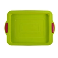 Lime green silicone brownie baking mold with pink handles and rectangular grooves - Green