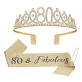 Golden 80th birthday set featuring rhinestone tiara, 80 & Fabulous sash and pearl pin - 80 Years Old Gold (Tiara And Gold Sash And Pin)